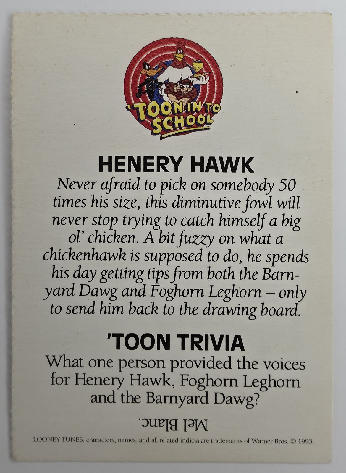 Henery Hawk 'Toon In To School card back