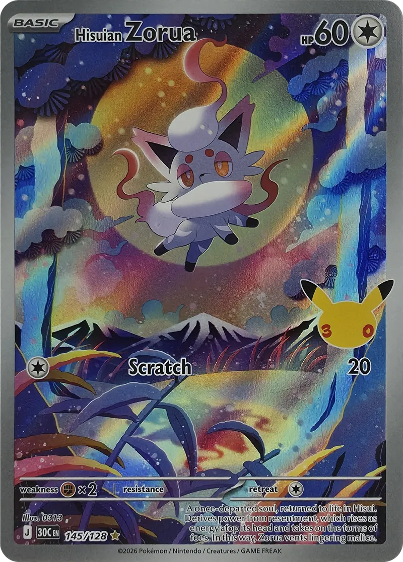 2026 Pokemon 30th Celebration Hisuian Zorua #145/128 Illustration Rare Holo front