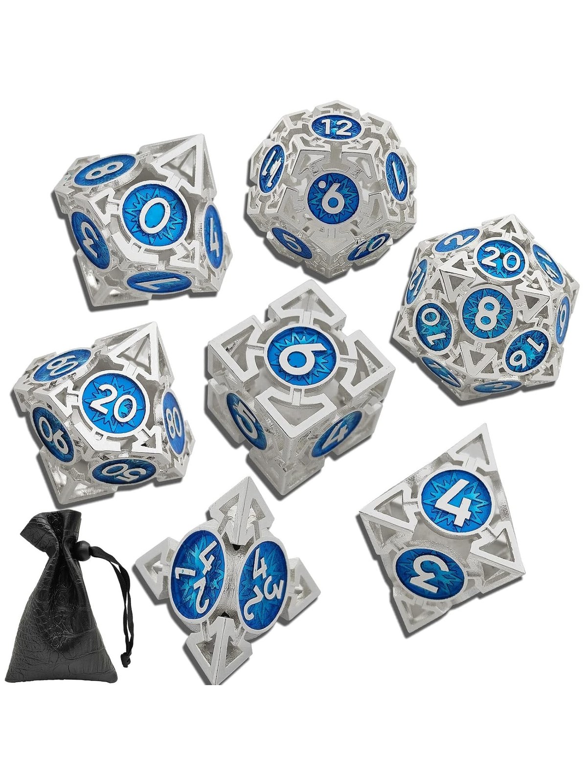Hollow Metal Polyhedral Dice Set, 7-Piece, with Storage Bag, photo 1