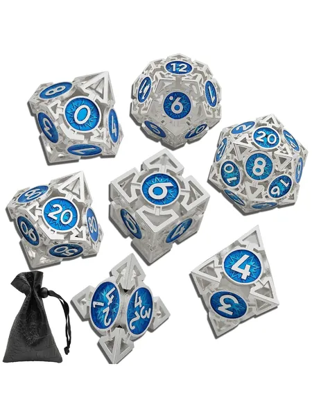 Hollow Metal Polyhedral Dice Set, 7-Piece, with Storage Bag, photo 1