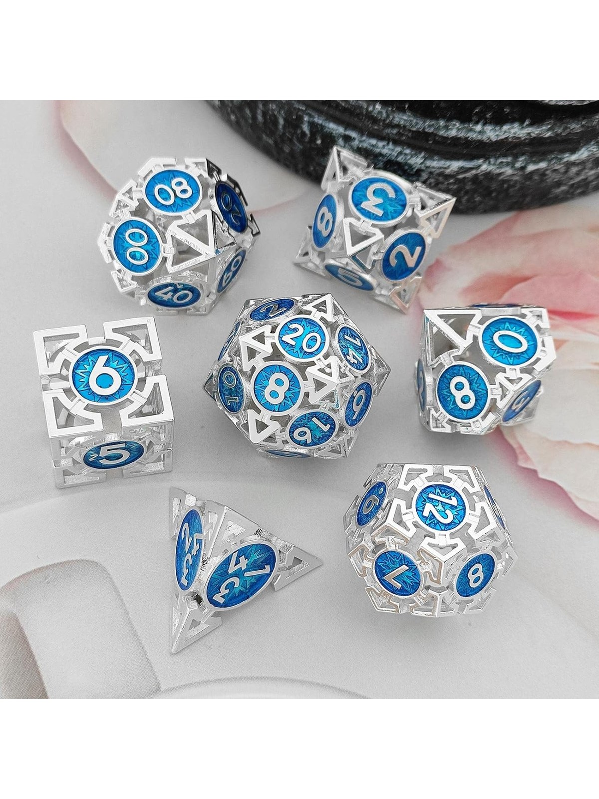 Hollow Metal Polyhedral Dice Set, 7-Piece, with Storage Bag, photo 3
