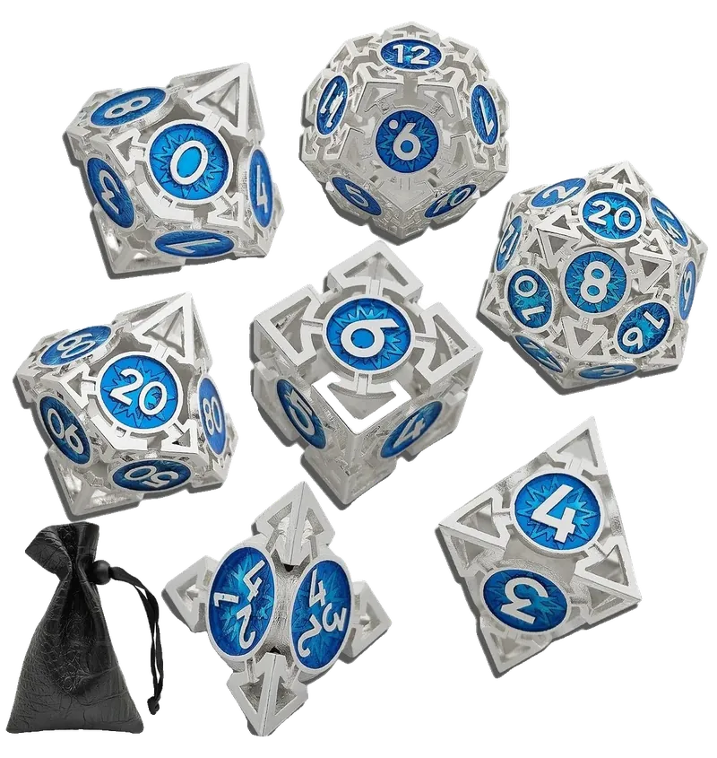 Hollow Metal Polyhedral Dice Set, 7-Piece, with Storage Bag, photo 1