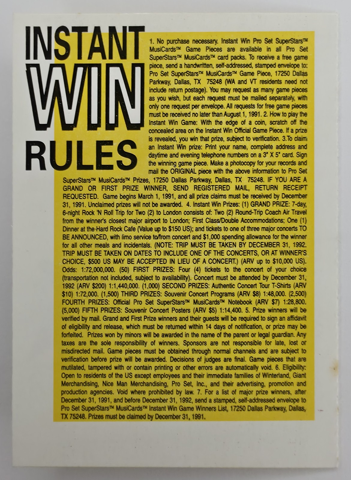 1991 Pro Set SuperStars MusiCards Instant Win Game Card Insert (Unscratched) back