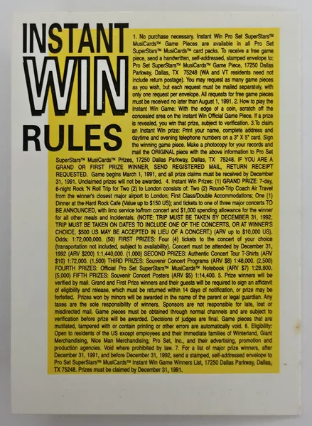 1991 Pro Set SuperStars MusiCards Instant Win Game Card Insert (Unscratched) back