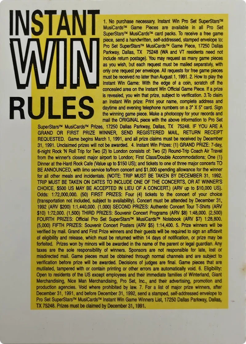 1991 Pro Set SuperStars MusiCards Instant Win Game Card Insert (Unscratched), back