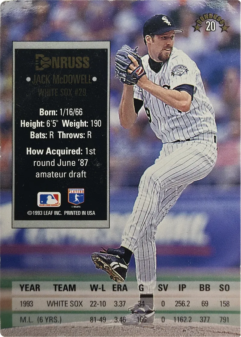 1994 Donruss Jack McDowell #20 Chicago White Sox, back