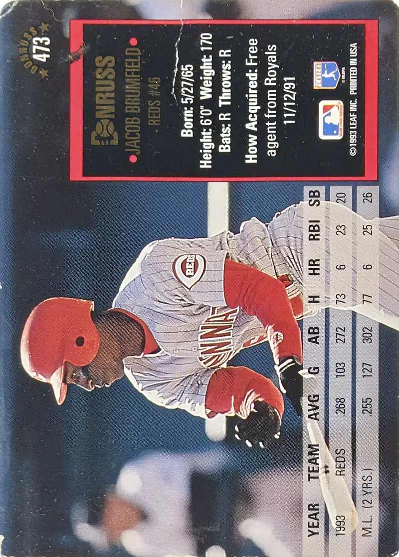 1994 Donruss Jacob Brumfield #473 Cincinnati Reds, back