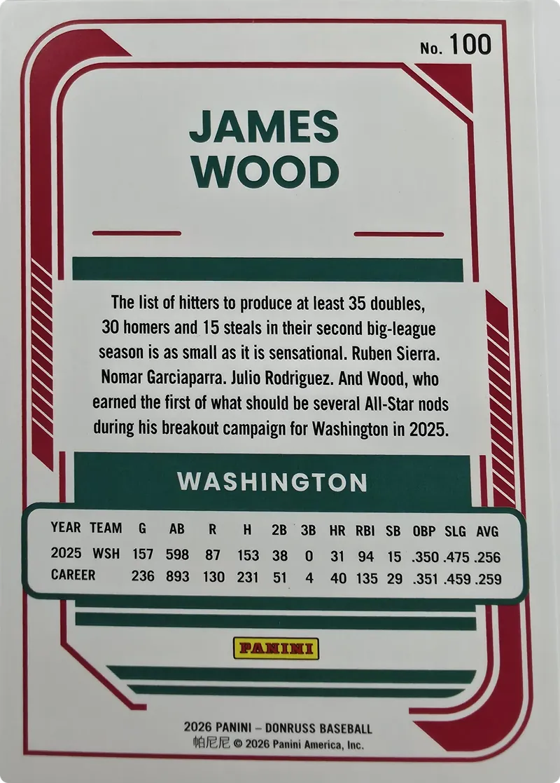 2026 Donruss Baseball James Wood #100 Base, back