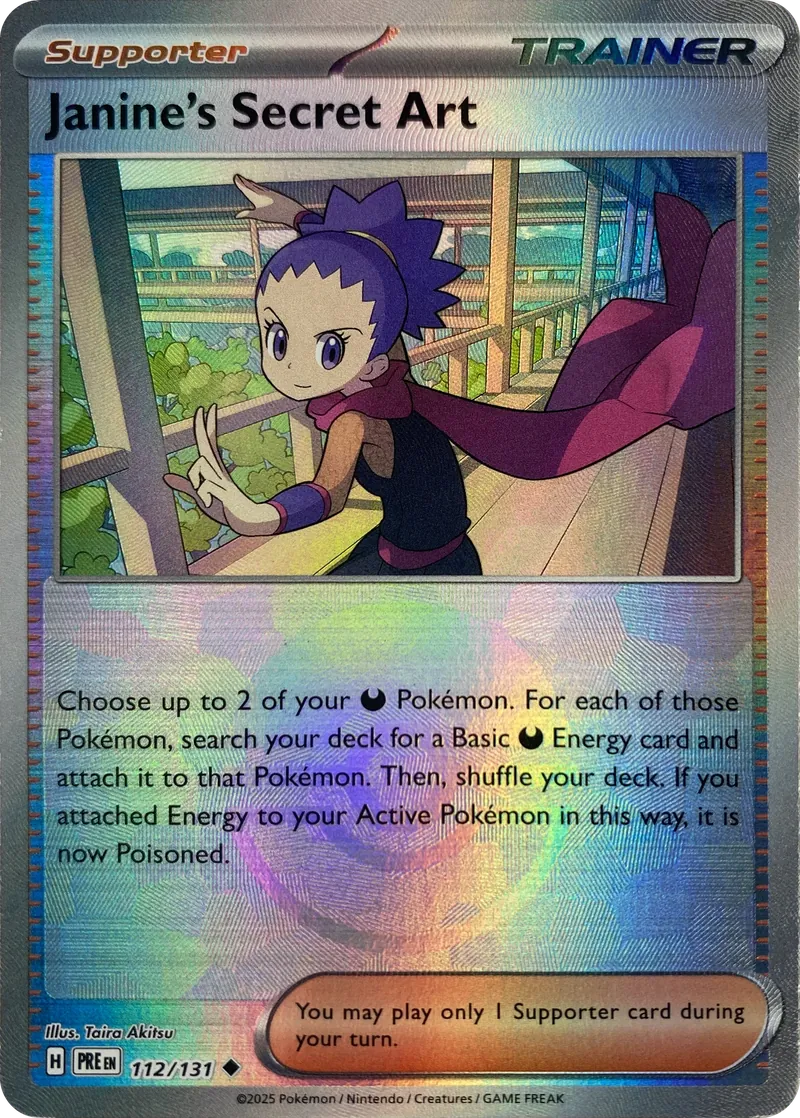 2025 Pokemon Prismatic Evolutions Janine's Secret Art #112/131 Reverse Holo Uncommon Trainer front
