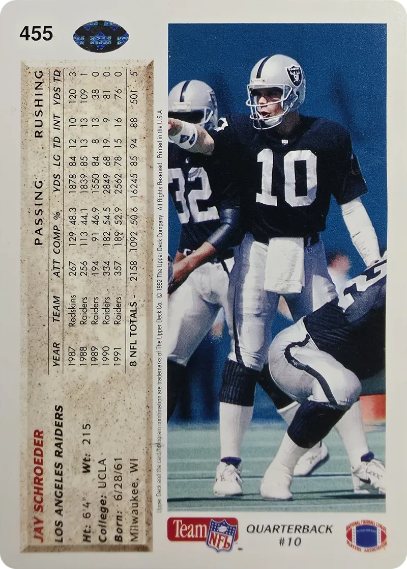 1992 Upper Deck Jay Schroeder #455, back