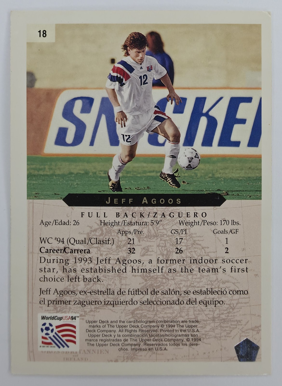 1994 Upper Deck World Cup English/Spanish Jeff Agoos #18 USA back