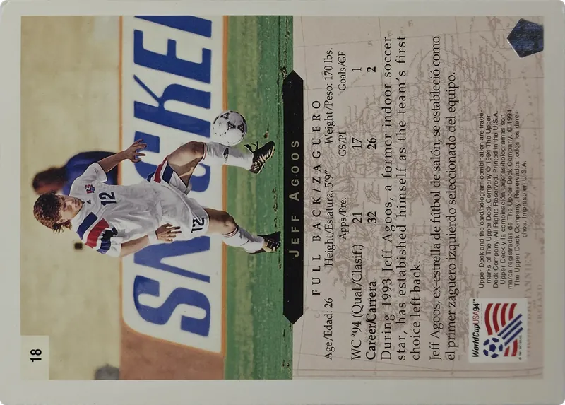 1994 Upper Deck World Cup English/Spanish Jeff Agoos #18 USA, back