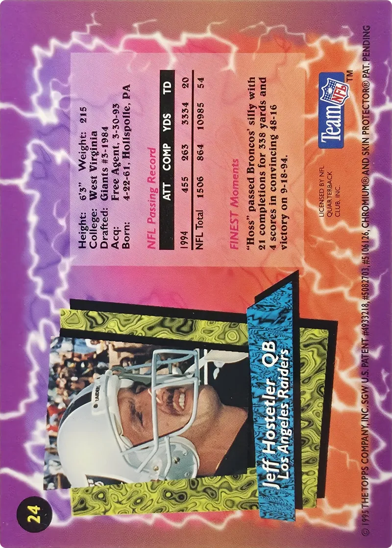1995 Topps Finest Jeff Hostetler #24, back