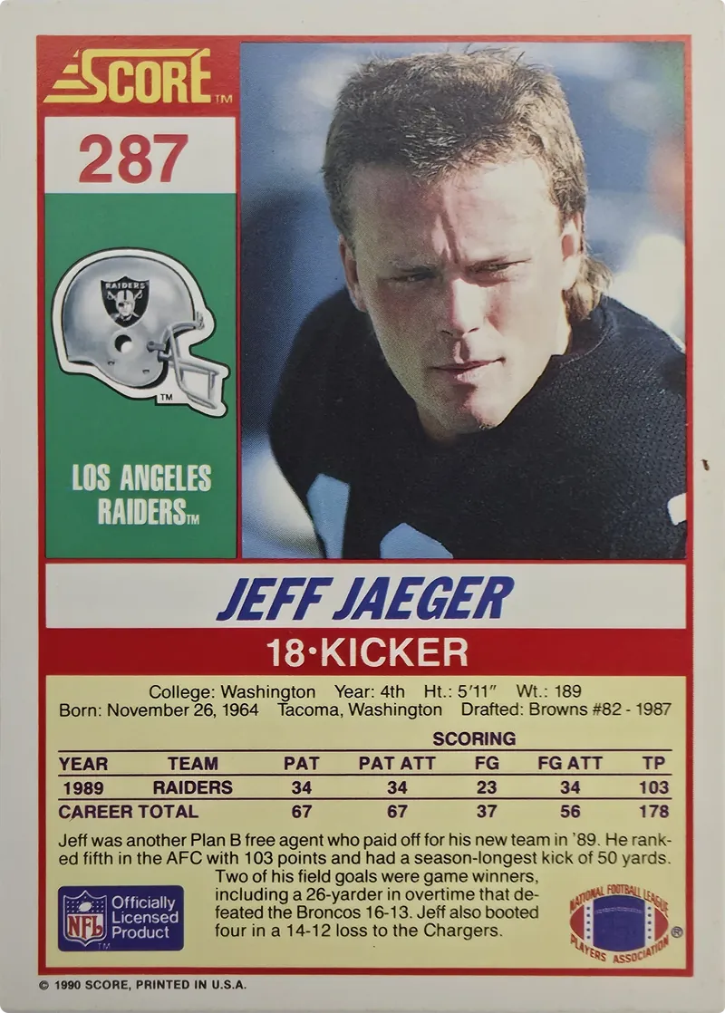 1990 Score Jeff Jaeger #287, back