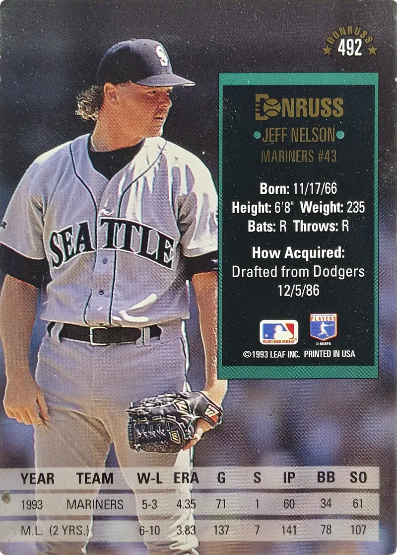1994 Donruss Jeff Nelson #492 Seattle Mariners, back