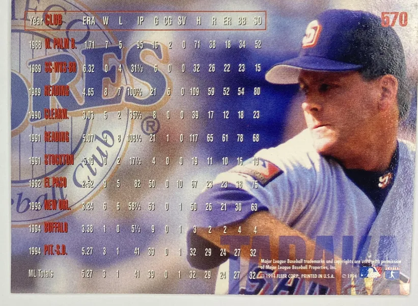 1995 Fleer Jeff Tabaka #570 San Diego Padres back