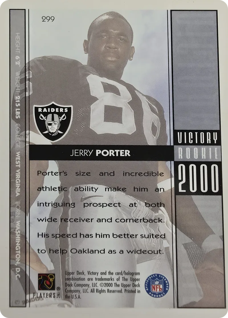 2000 Upper Deck Victory Jerry Porter #299 Rookie, back