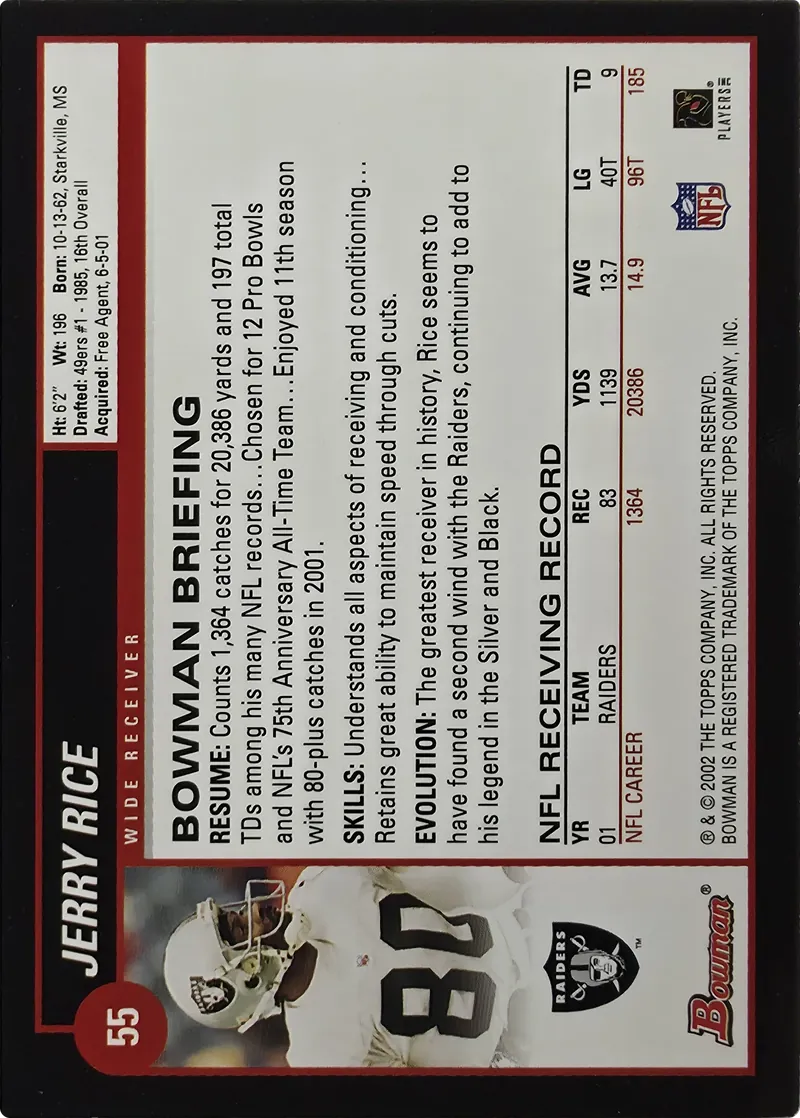 2002 Bowman Jerry Rice #55, back