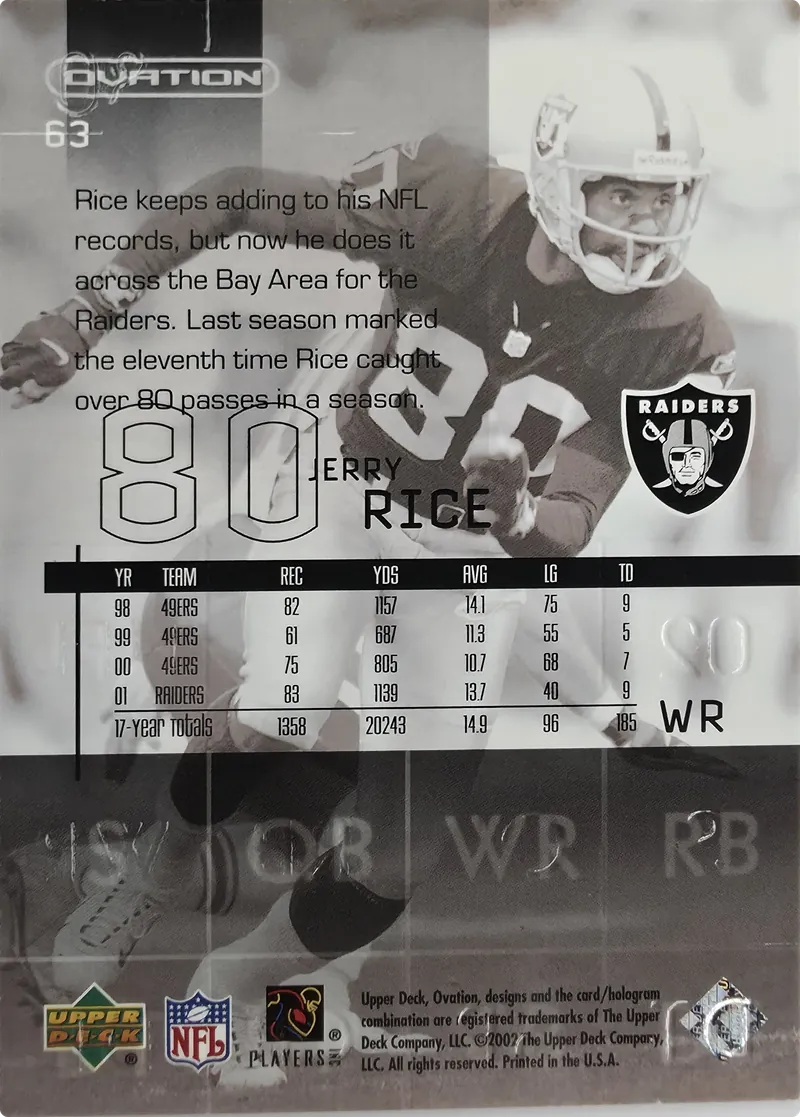 2002 Upper Deck Ovation Jerry Rice #63, back