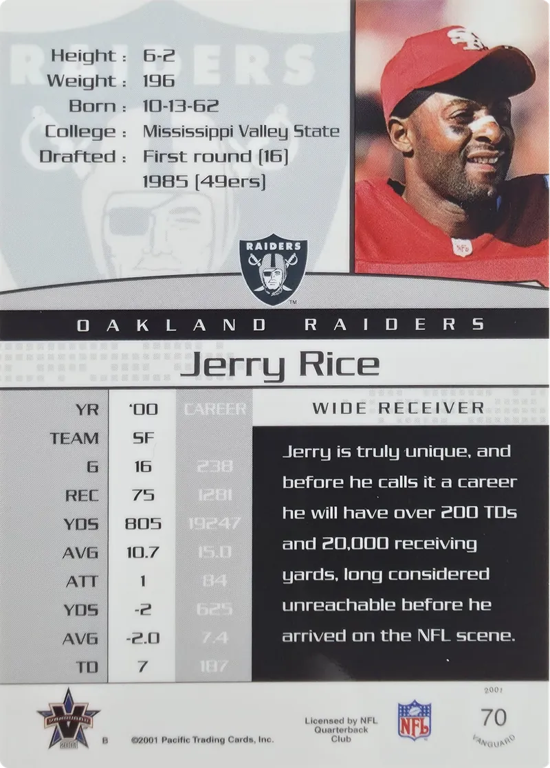 2001 Pacific Vanguard Jerry Rice #70, back