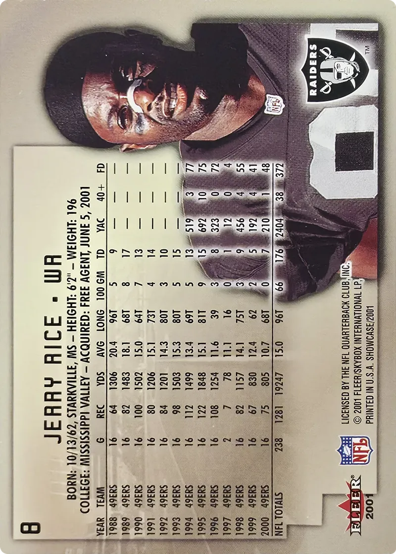 2001 Fleer Showcase Jerry Rice #8, back