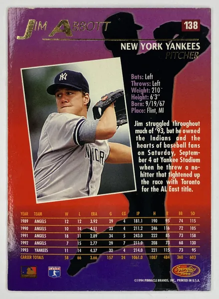 1994 Sportflics 2000 Jim Abbott #138 New York Yankees back