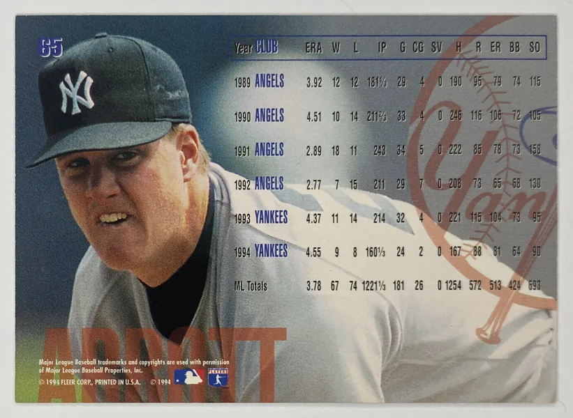 1995 Fleer Jim Abbott #65 New York Yankees back