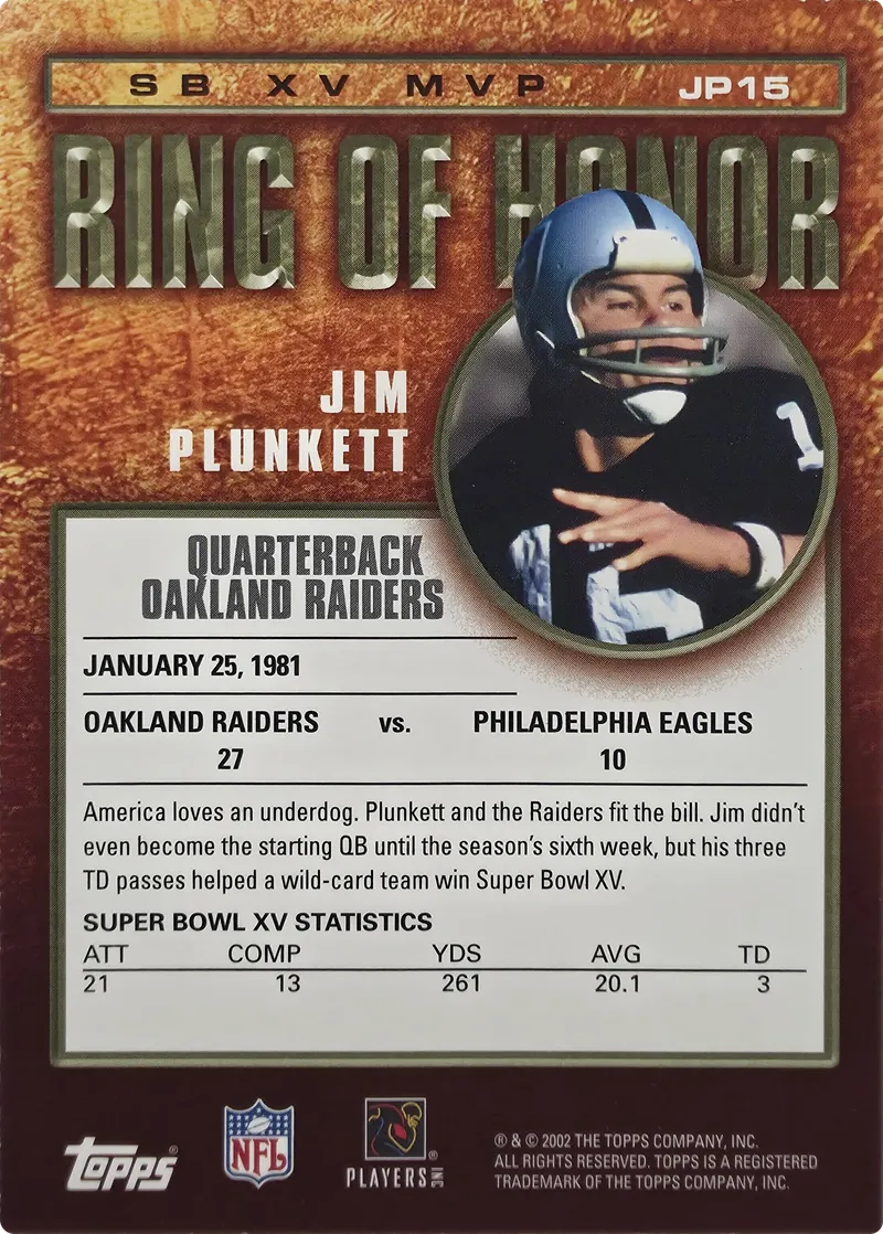 2002 Topps Ring of Honor Jim Plunkett #JP15, back