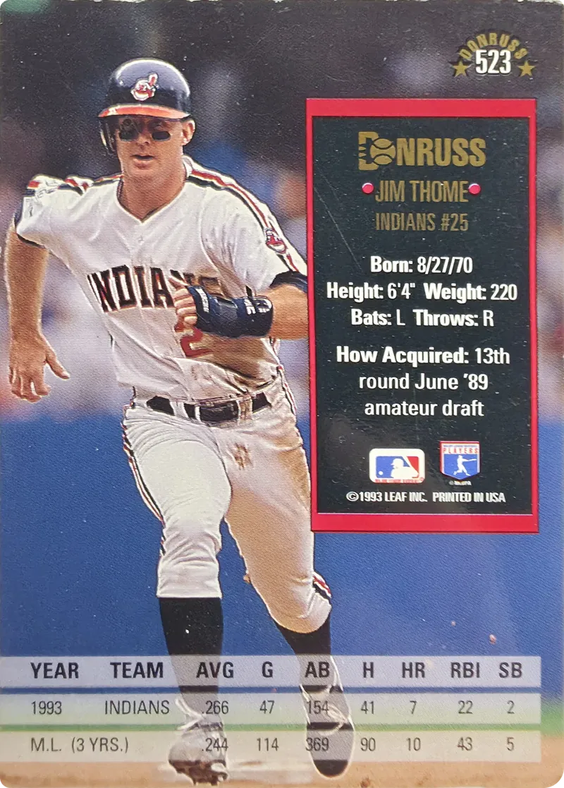 1994 Donruss Jim Thome #523 Cleveland Indians Hall of Famer, back