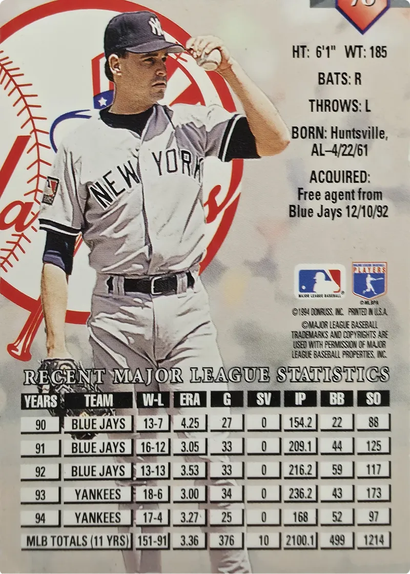 1995 Donruss Jimmy Key #78 New York Yankees, back