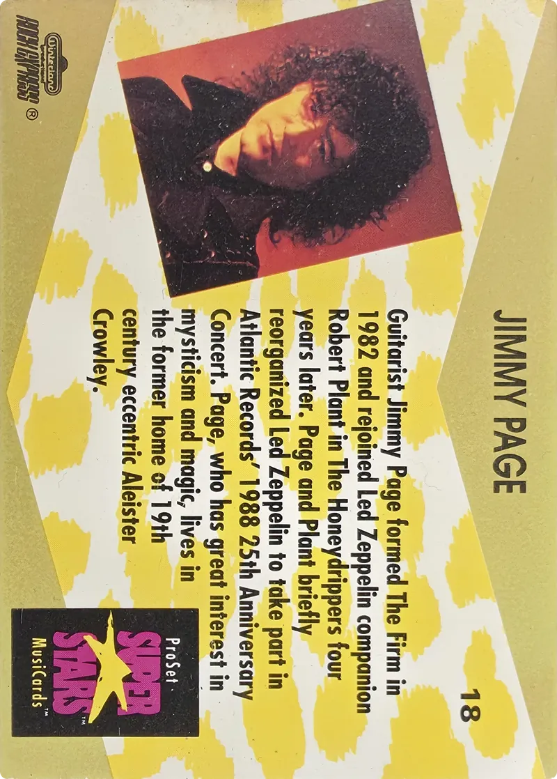 1991 Pro Set SuperStars MusiCards Jimmy Page #18a Legends Logo Upper Left, back