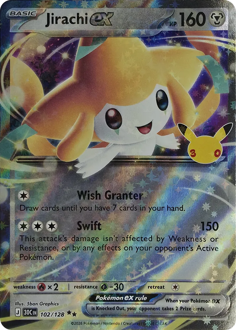 2026 Pokemon 30th Celebration Jirachi ex #102/128 Double Rare Holo front