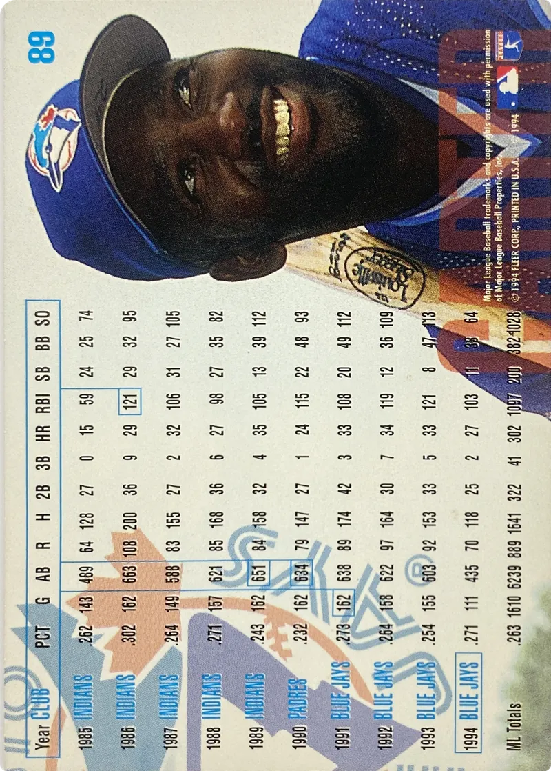 1995 Fleer Joe Carter #89 Toronto Blue Jays back