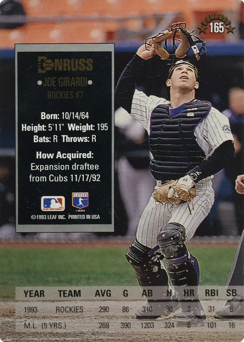 1994 Donruss Joe Girardi #165 Colorado Rockies, back