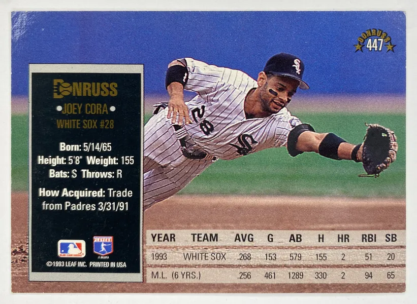 1994 Donruss Joey Cora #447 Chicago White Sox back