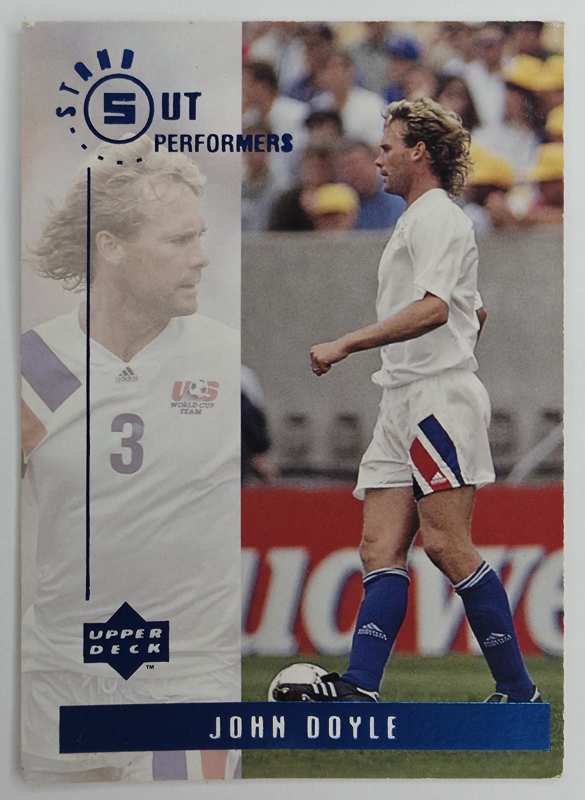 1994 Upper Deck World Cup English/Spanish John Doyle #S10 USA Stand Out Performers Insert, Blue Foil front