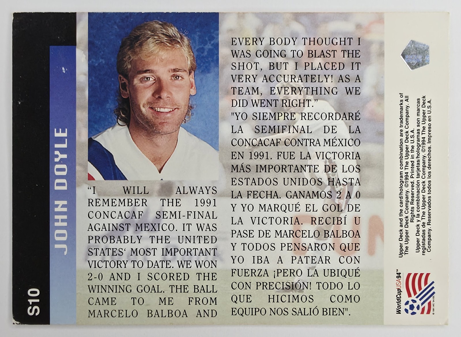 1994 Upper Deck World Cup English/Spanish John Doyle #S10 USA Stand Out Performers Insert, Blue Foil back