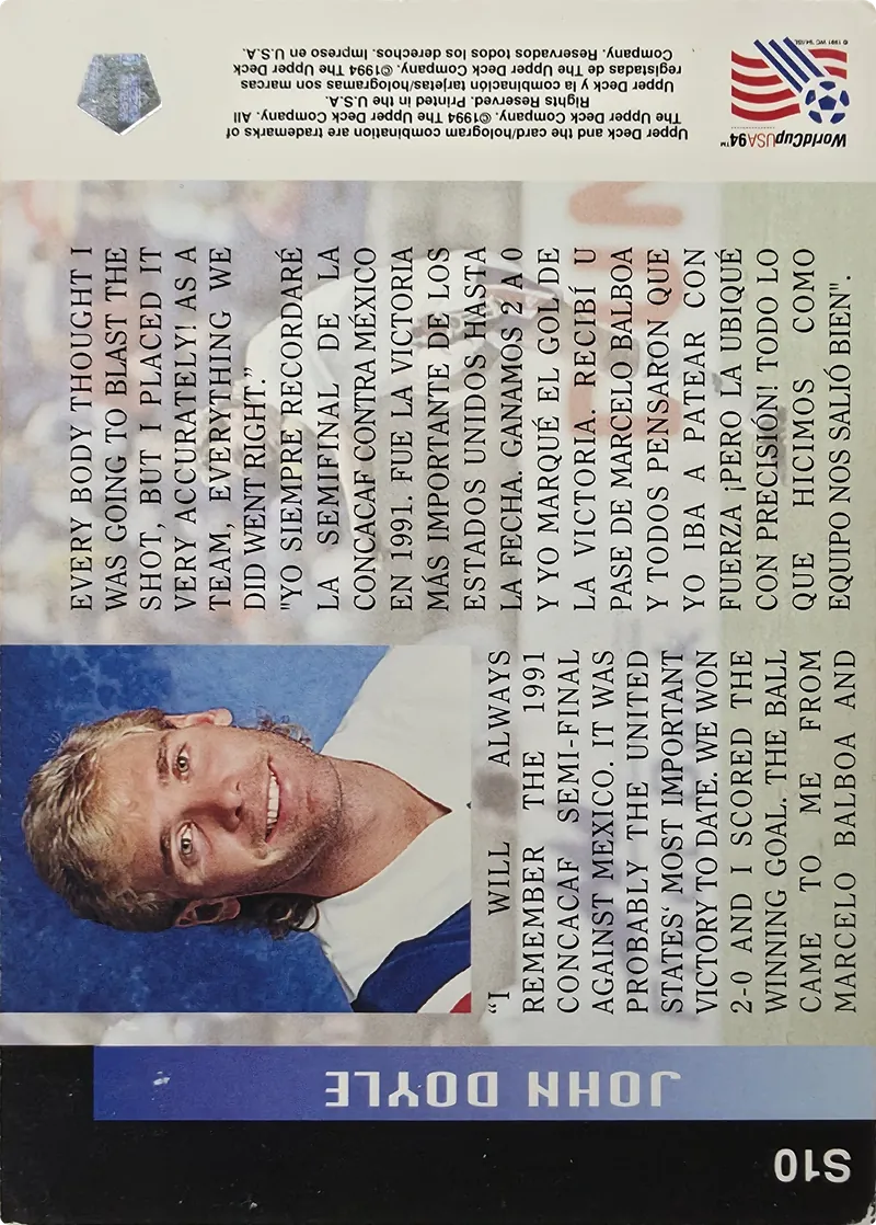 1994 Upper Deck World Cup English/Spanish John Doyle #S10 USA Stand Out Performers Insert, back