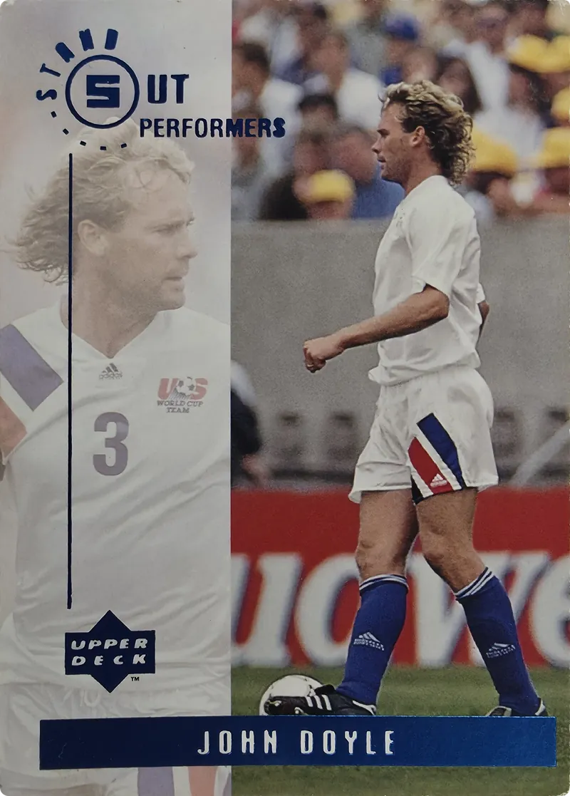 1994 Upper Deck World Cup English/Spanish John Doyle #S10 USA Stand Out Performers Insert, Blue Foil front