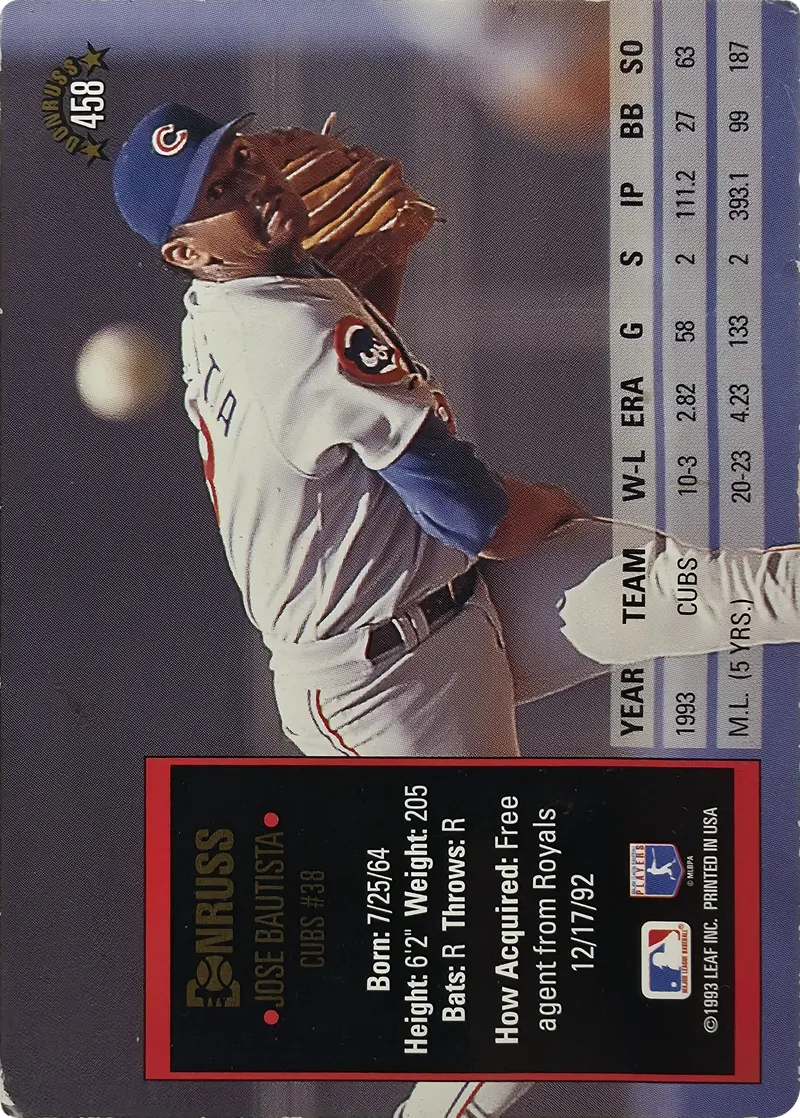 1994 Donruss Jose Bautista #458 Chicago Cubs, back