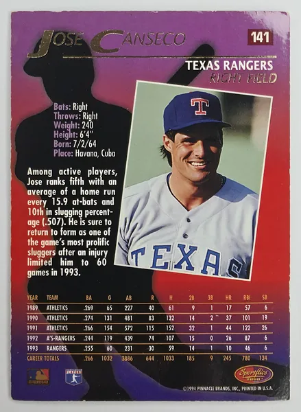 1994 Sportflics 2000 Jose Canseco #141 Texas Rangers back
