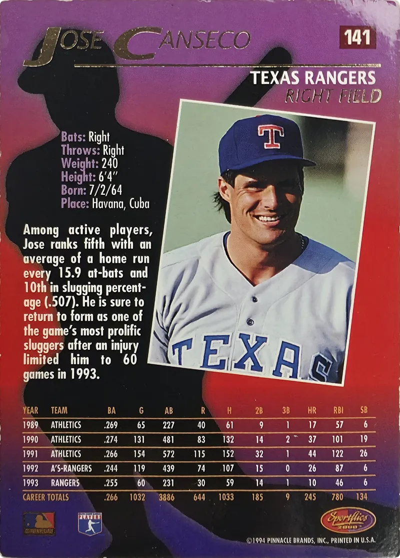 1994 Sportflics 2000 Jose Canseco #141 Texas Rangers, back