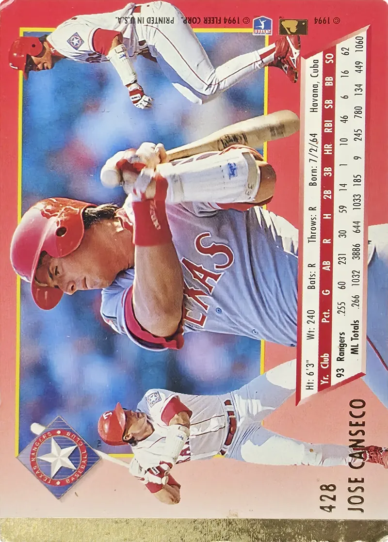 1994 Fleer Ultra Jose Canseco #428 Texas Rangers, back
