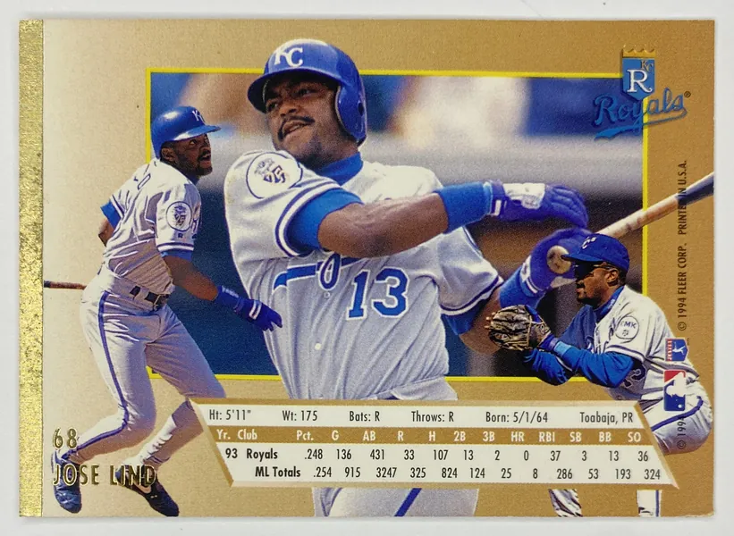 1994 Fleer Ultra Jose Lind #68 Kansas City Royals back