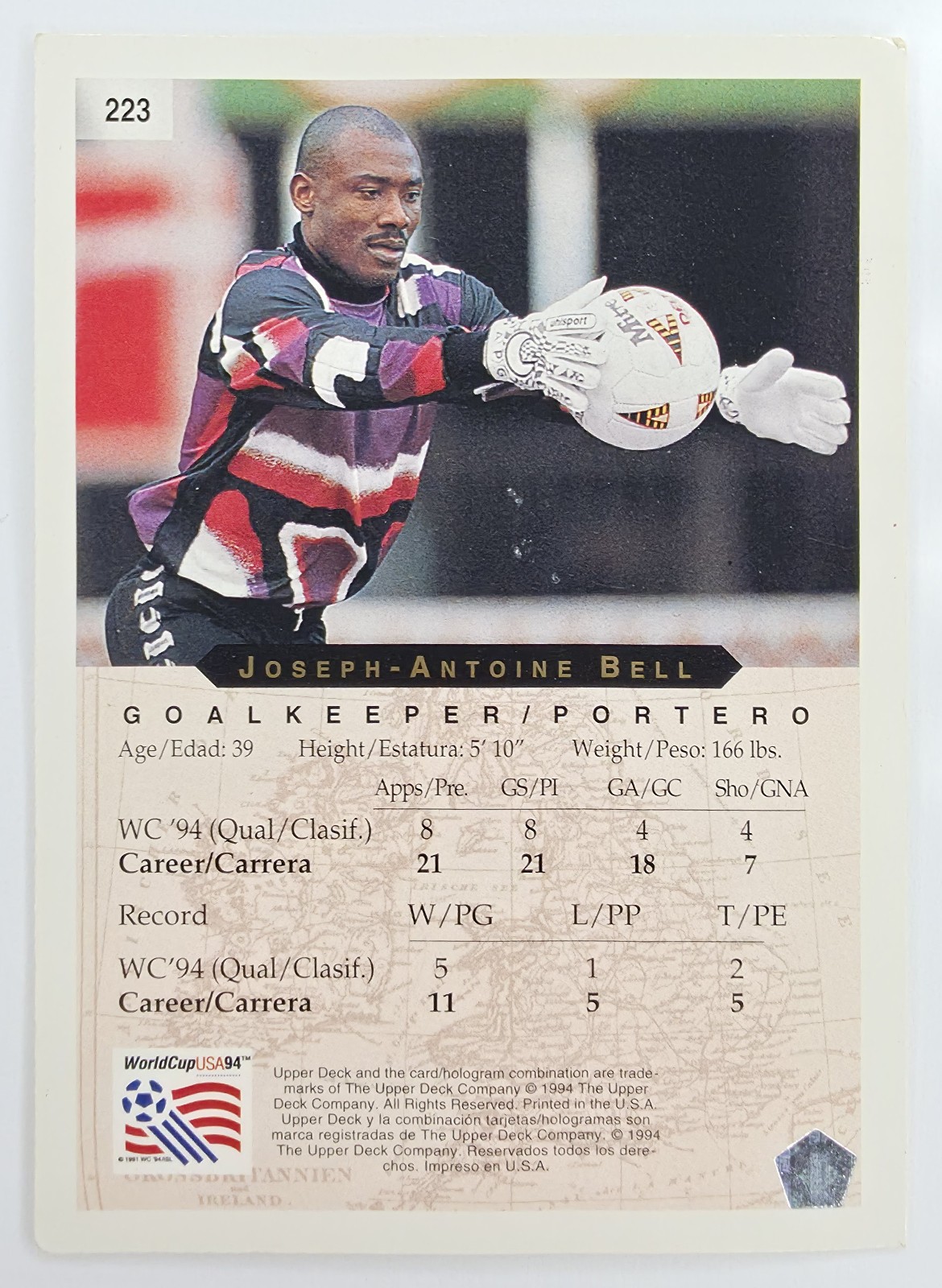 1994 Upper Deck World Cup English/Spanish Joseph-Antoine Bell #223 Cameroon back