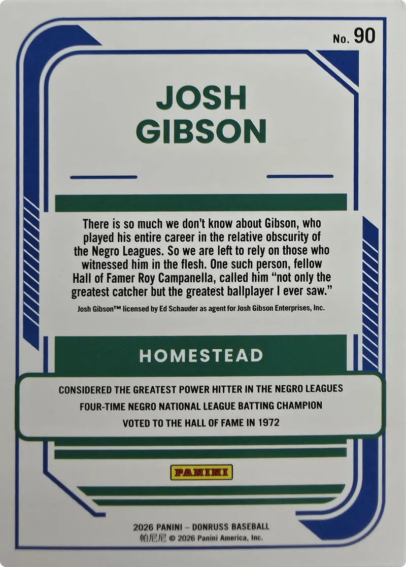 2026 Donruss Baseball Josh Gibson #90 Base, back