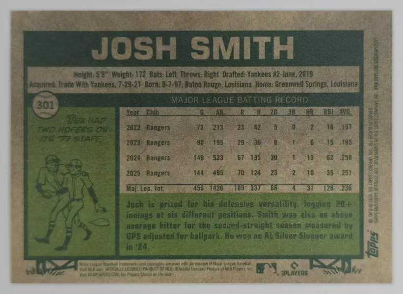 2026 Topps Heritage Josh Smith #301 Texas Rangers back