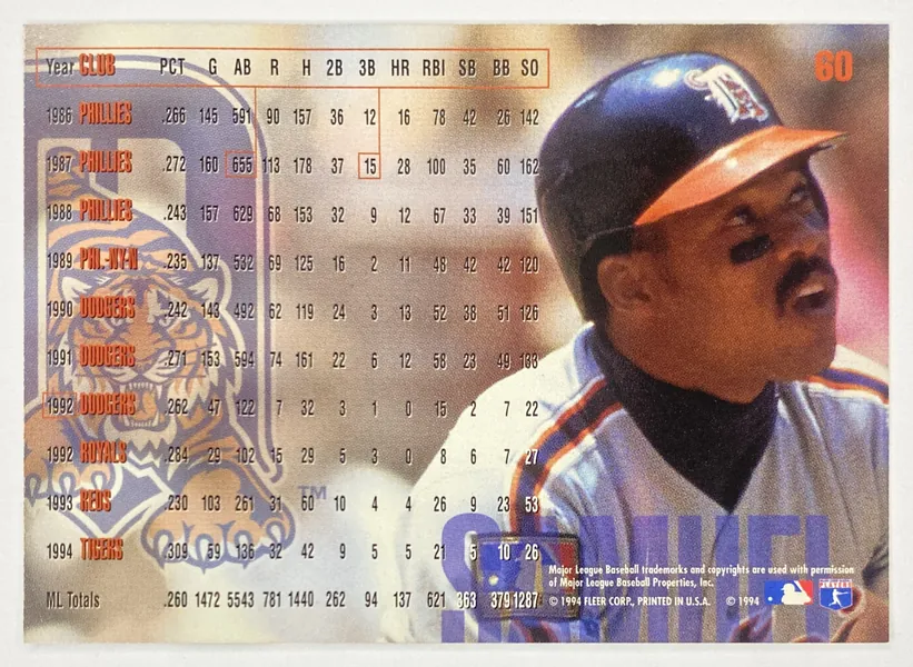 1995 Fleer Juan Samuel #60 Detroit Tigers back