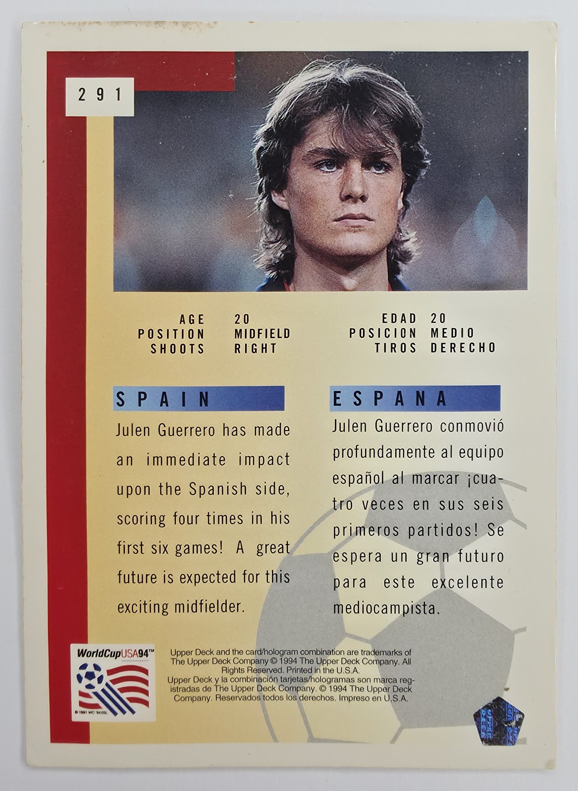 1994 Upper Deck World Cup English/Spanish Julen Guerrero #291 Spain Future Stars back