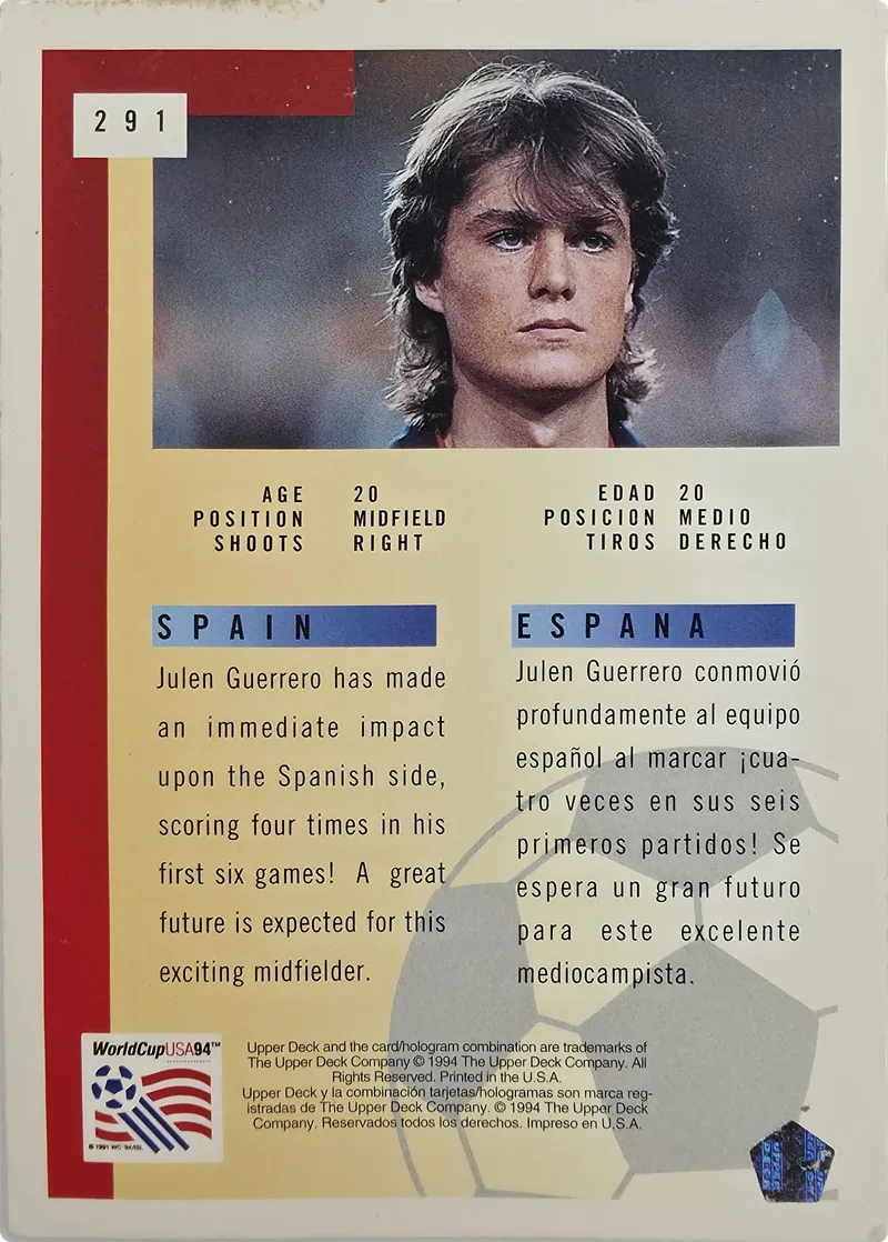 1994 Upper Deck World Cup English/Spanish Julen Guerrero #291 Spain Future Stars, back
